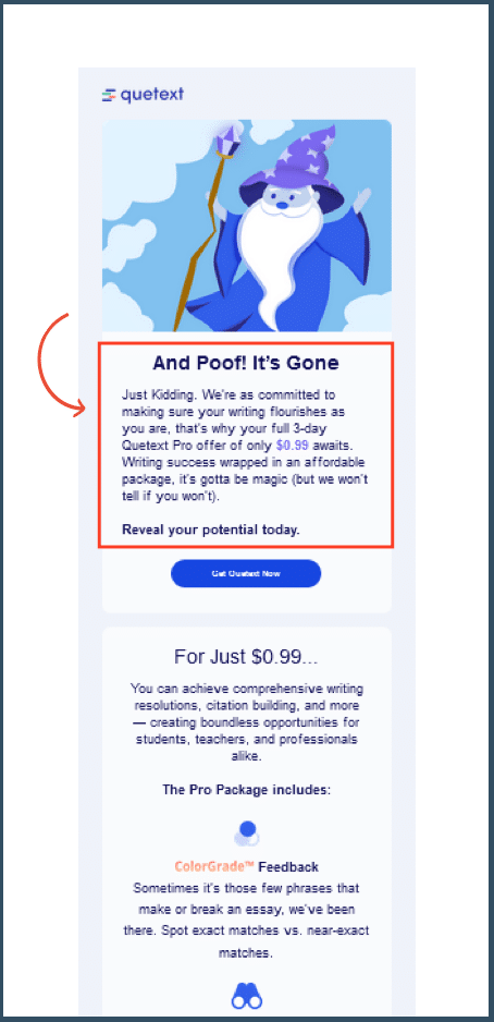 Email marketing copywriting as used by Quetext