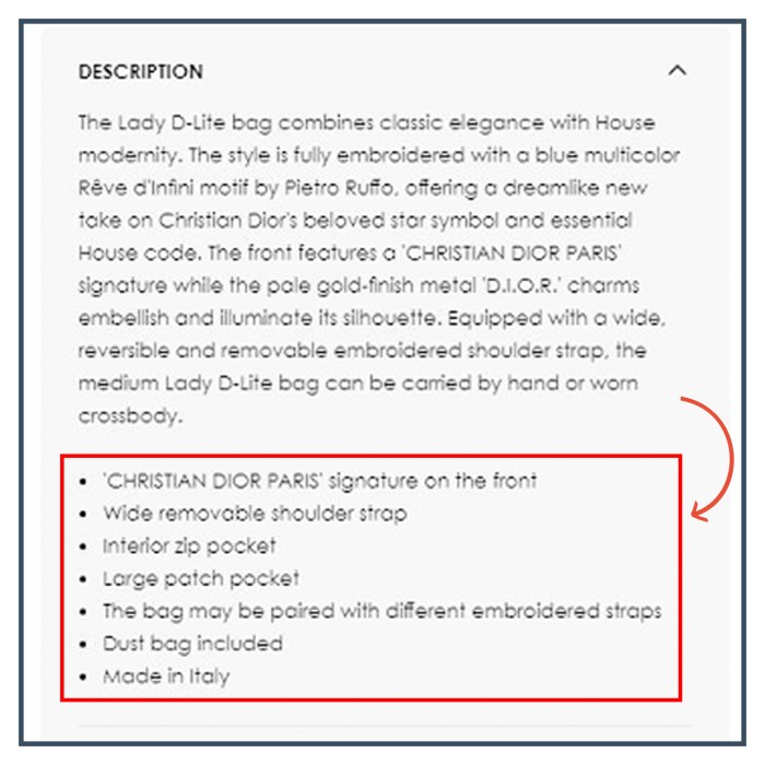 Dior's Luxury Description of Simple Features